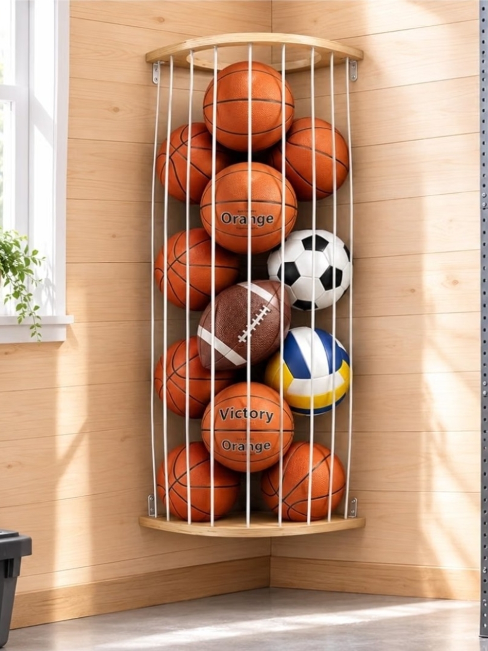Wall-Mounted Corner Sports Ball Storage Rack W. Wooden Frame | NEW IN BOX |